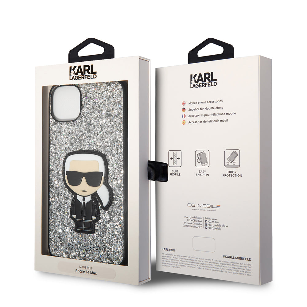 Pouzdro pro Apple iPhone 14 Plus, Karl Lagerfeld, Glitter Flakes Ikonik Karl, Stříbrné.