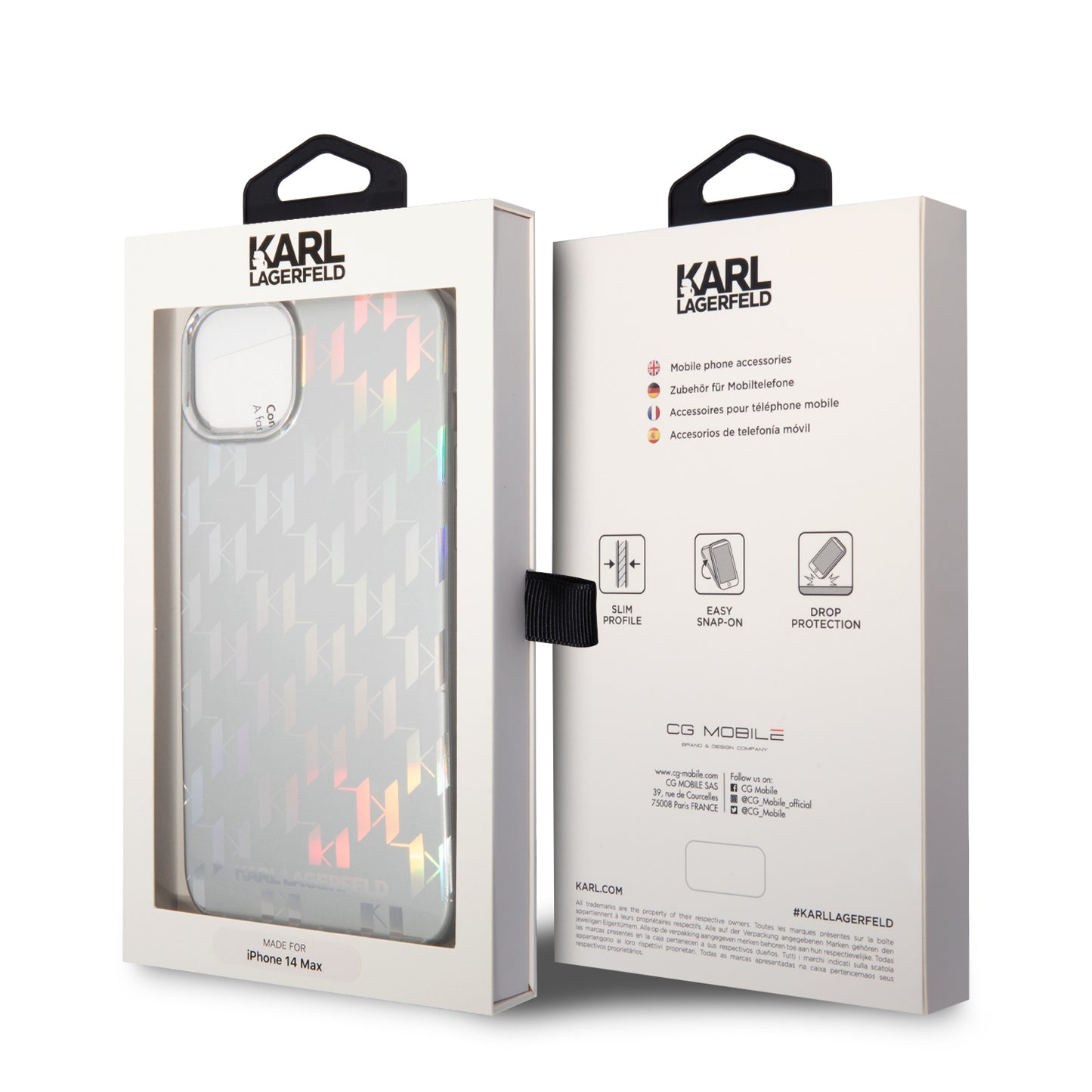 Pouzdro pro Apple iPhone 14 Plus, Karl Lagerfeld, Monogram Iridescent, Stříbrné