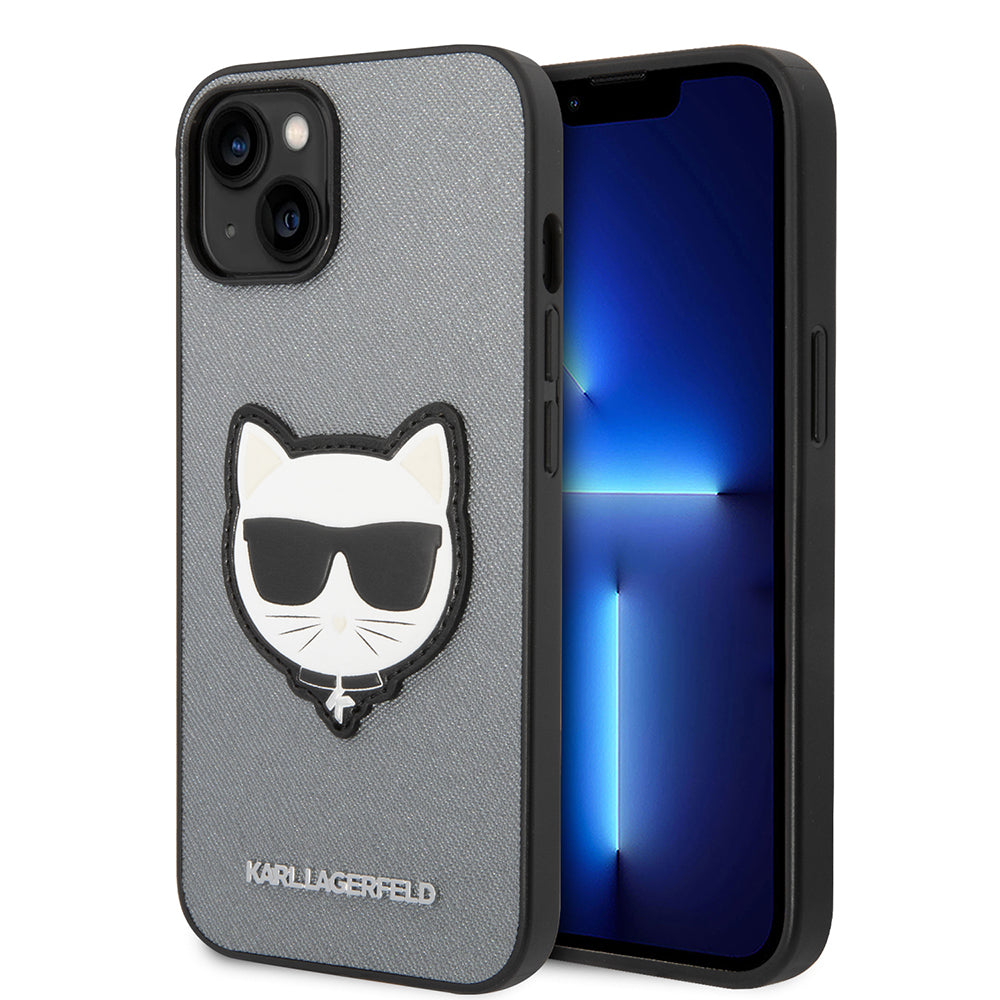 Pouzdro pro Apple iPhone 14 Plus, Karl Lagerfeld, Saffiano Choupette's Head, Stříbrné