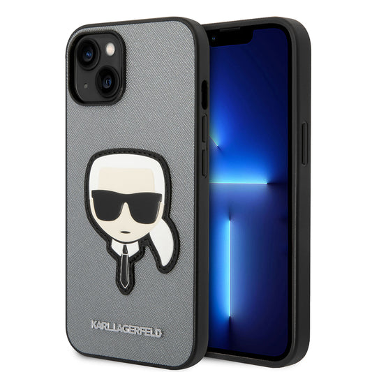 Pouzdro pro Apple iPhone 14 Plus, Karl Lagerfeld, Saffiano Karl's Head, Stříbrné