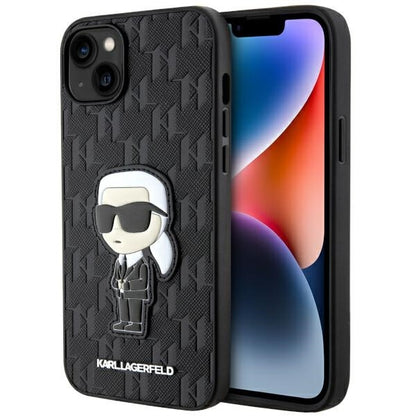 Pouzdro pro Apple iPhone 14 Plus, Karl Lagerfeld, Saffiano Monogram Ikonik Karl, Černá