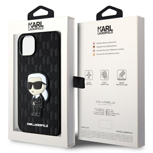 Pouzdro pro Apple iPhone 14 Plus, Karl Lagerfeld, Saffiano Monogram Ikonik Karl, Černá