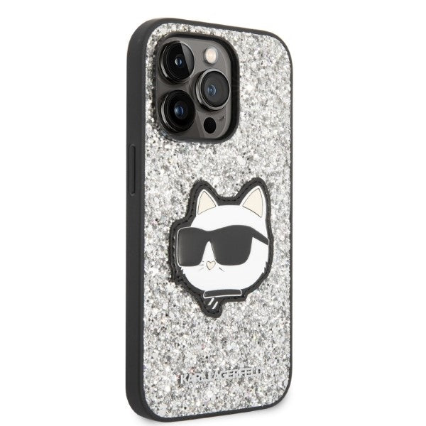 Pouzdro pro Apple iPhone 14 Pro, Karl Lagerfeld, Glitter Choupette Patch, Stříbrné.