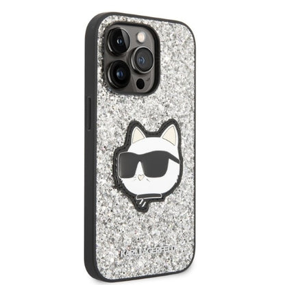 Pouzdro pro Apple iPhone 14 Pro, Karl Lagerfeld, Glitter Choupette Patch, Stříbrné.