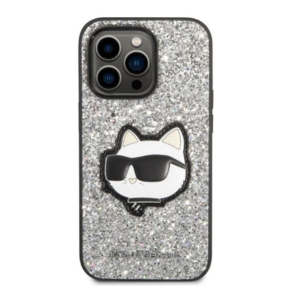 Pouzdro pro Apple iPhone 14 Pro, Karl Lagerfeld, Glitter Choupette Patch, Stříbrné.