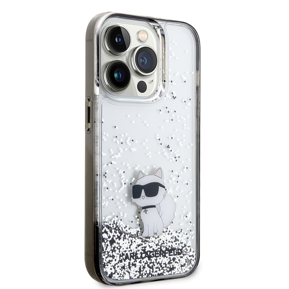 Pouzdro pro Apple iPhone 14 Pro, Karl Lagerfeld, Liquid Glitter Choupette, Průhledné