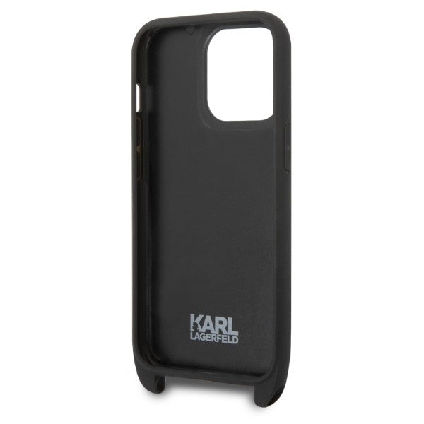 Pouzdro pro Apple iPhone 14 Pro, Karl Lagerfeld, Monogram Plaque Logo with Strap, Černá