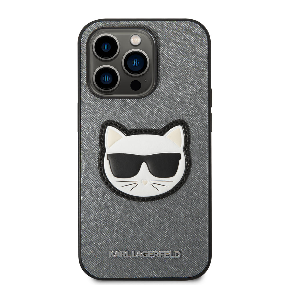 Pouzdro pro Apple iPhone 14 Pro, Karl Lagerfeld, Saffiano Choupette's Head, Stříbrné