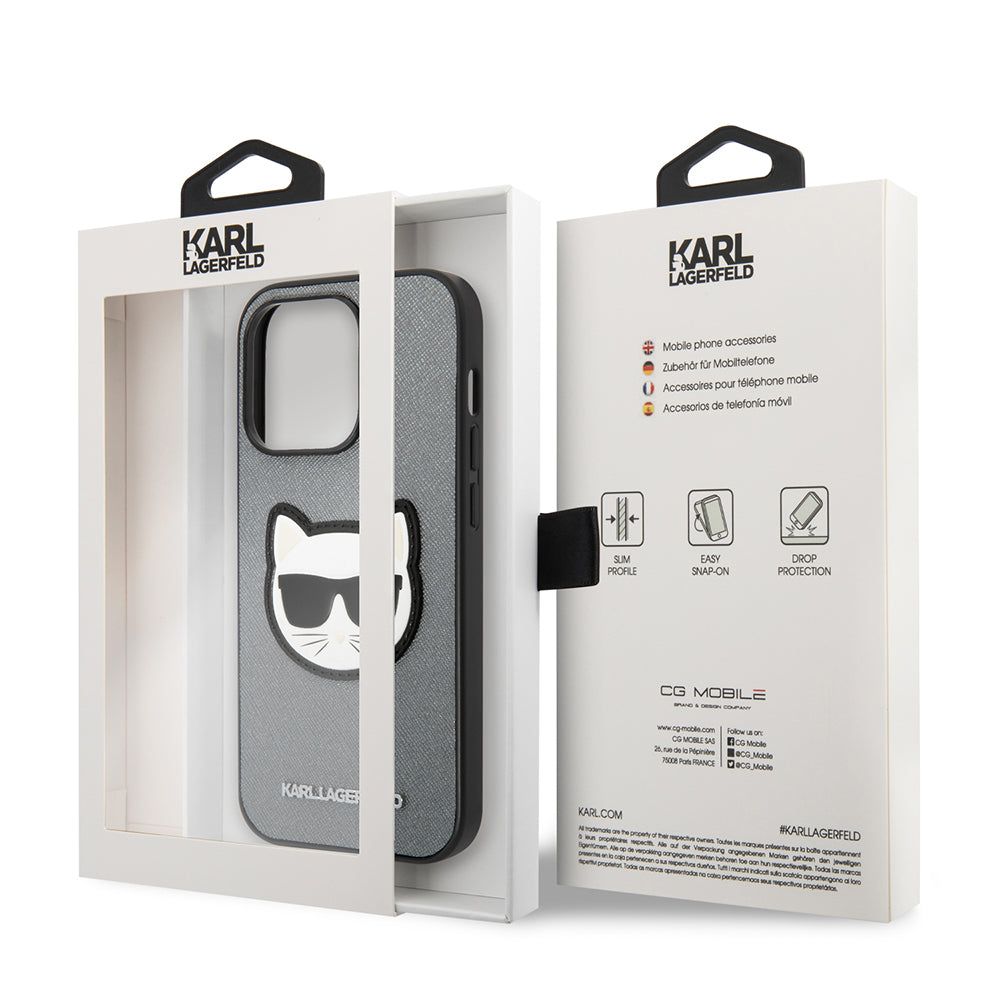 Pouzdro pro Apple iPhone 14 Pro, Karl Lagerfeld, Saffiano Choupette's Head, Stříbrné