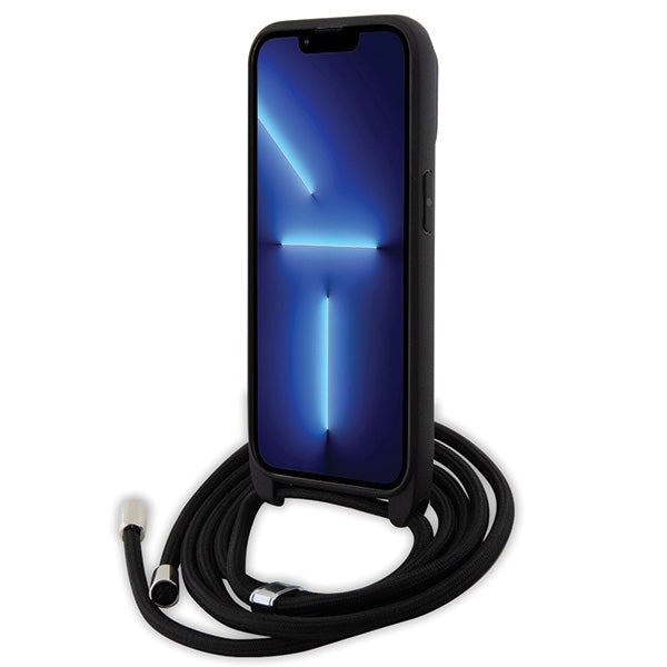 Pouzdro pro Apple iPhone 14 Pro, Karl Lagerfeld, Saffiano Crossbody Metal Pin Karl & Choupette, Černá