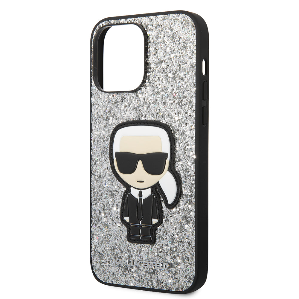 Pouzdro pro Apple iPhone 14 Pro Max, Karl Lagerfeld, Glitter Flakes Ikonik Karl, Stříbrné.