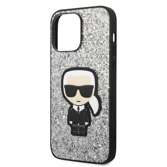 Pouzdro pro Apple iPhone 14 Pro Max, Karl Lagerfeld, Glitter Flakes Ikonik Karl, Stříbrné.