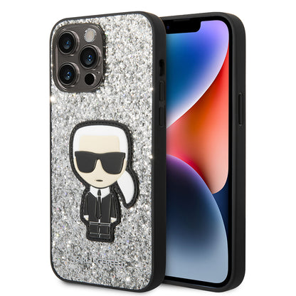Pouzdro pro Apple iPhone 14 Pro Max, Karl Lagerfeld, Glitter Flakes Ikonik Karl, Stříbrné.