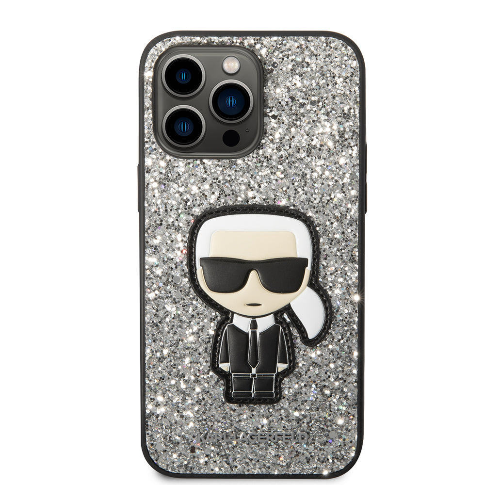 Pouzdro pro Apple iPhone 14 Pro Max, Karl Lagerfeld, Glitter Flakes Ikonik Karl, Stříbrné.