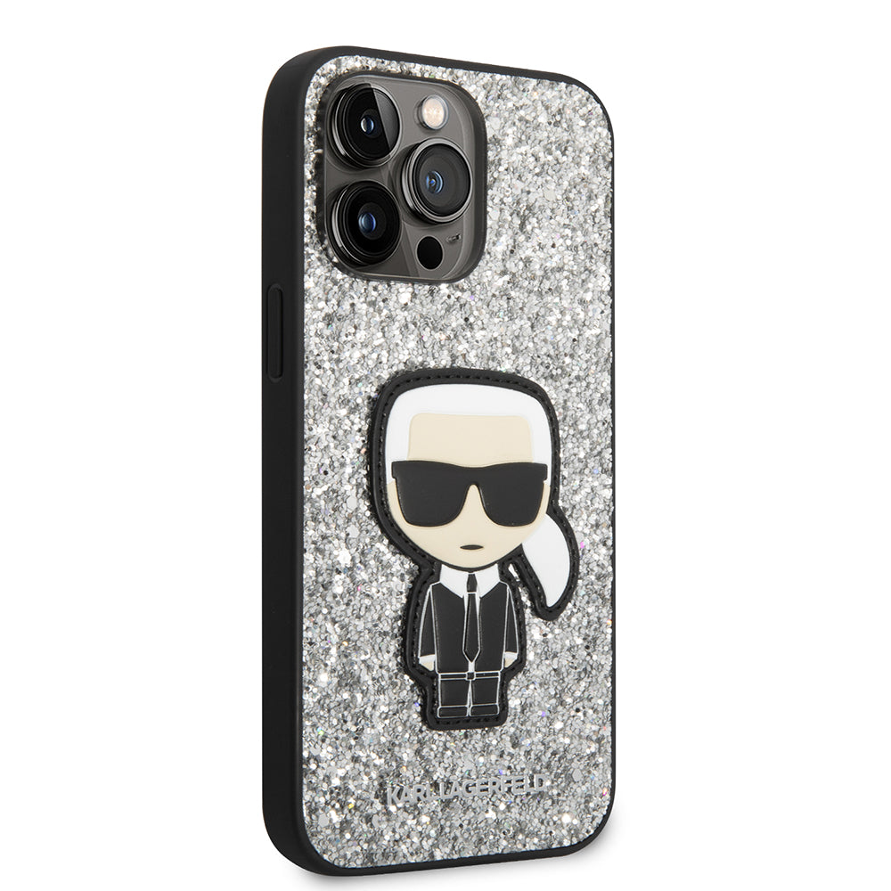 Pouzdro pro Apple iPhone 14 Pro Max, Karl Lagerfeld, Glitter Flakes Ikonik Karl, Stříbrné.
