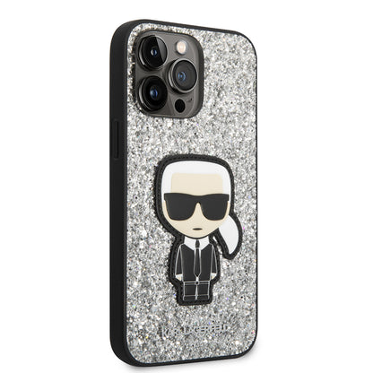 Pouzdro pro Apple iPhone 14 Pro Max, Karl Lagerfeld, Glitter Flakes Ikonik Karl, Stříbrné.