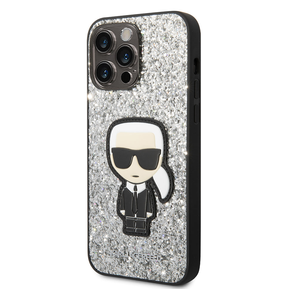 Pouzdro pro Apple iPhone 14 Pro Max, Karl Lagerfeld, Glitter Flakes Ikonik Karl, Stříbrné.