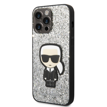 Pouzdro pro Apple iPhone 14 Pro Max, Karl Lagerfeld, Glitter Flakes Ikonik Karl, Stříbrné.