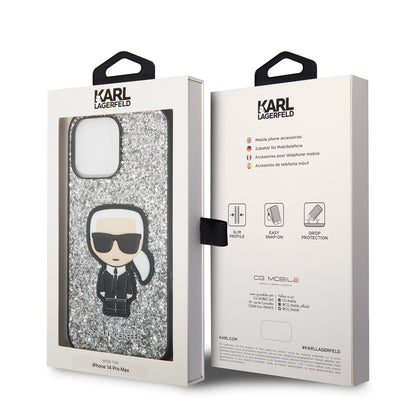 Pouzdro pro Apple iPhone 14 Pro Max, Karl Lagerfeld, Glitter Flakes Ikonik Karl, Stříbrné.