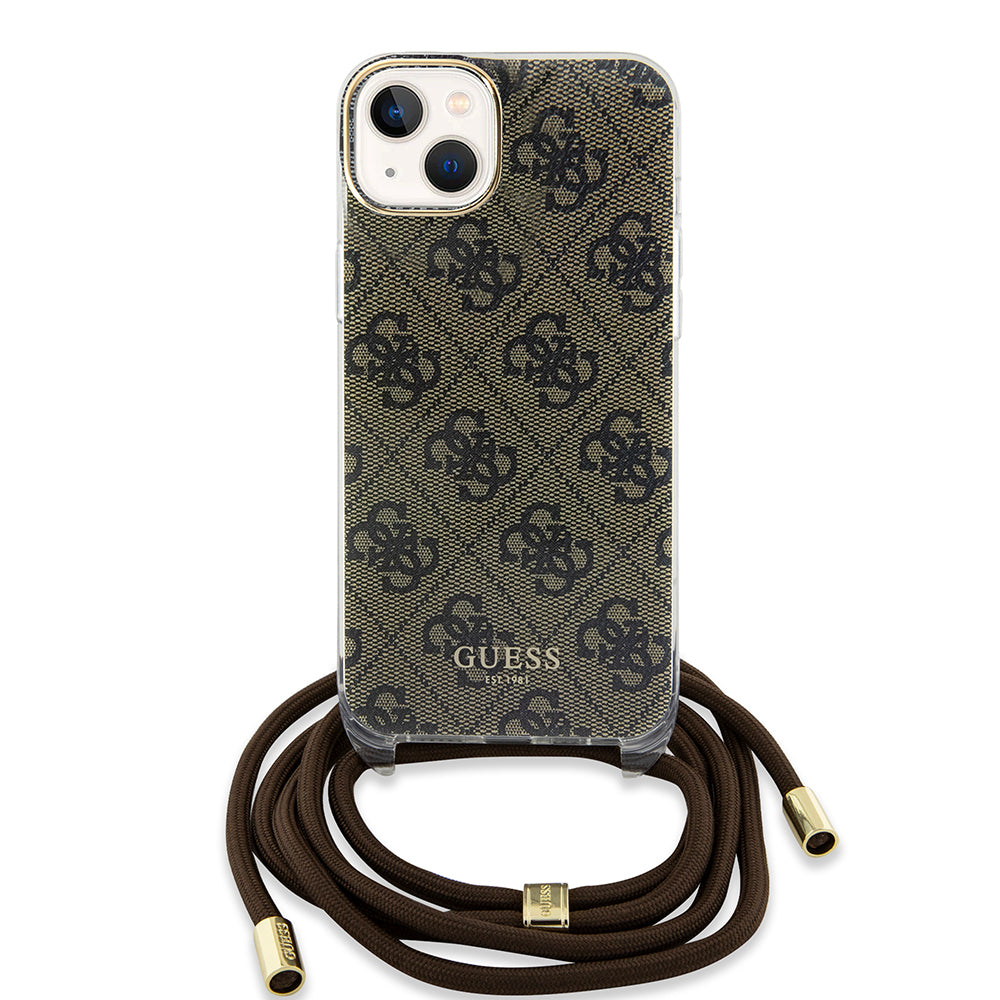 Pouzdro pro Apple iPhone 15, Guess, 4G IML Printed Crossbody, hnědé