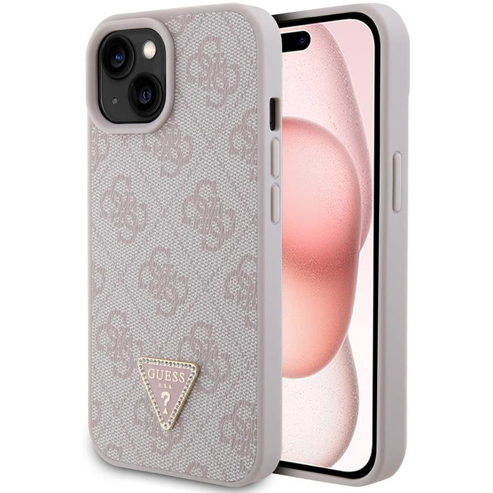 Pouzdro pro Apple iPhone 15, Guess, 4G Triangle Strass, Růžové