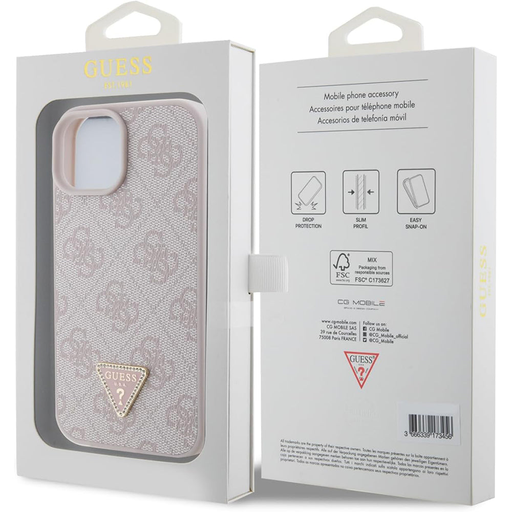 Pouzdro pro Apple iPhone 15, Guess, 4G Triangle Strass, Růžové