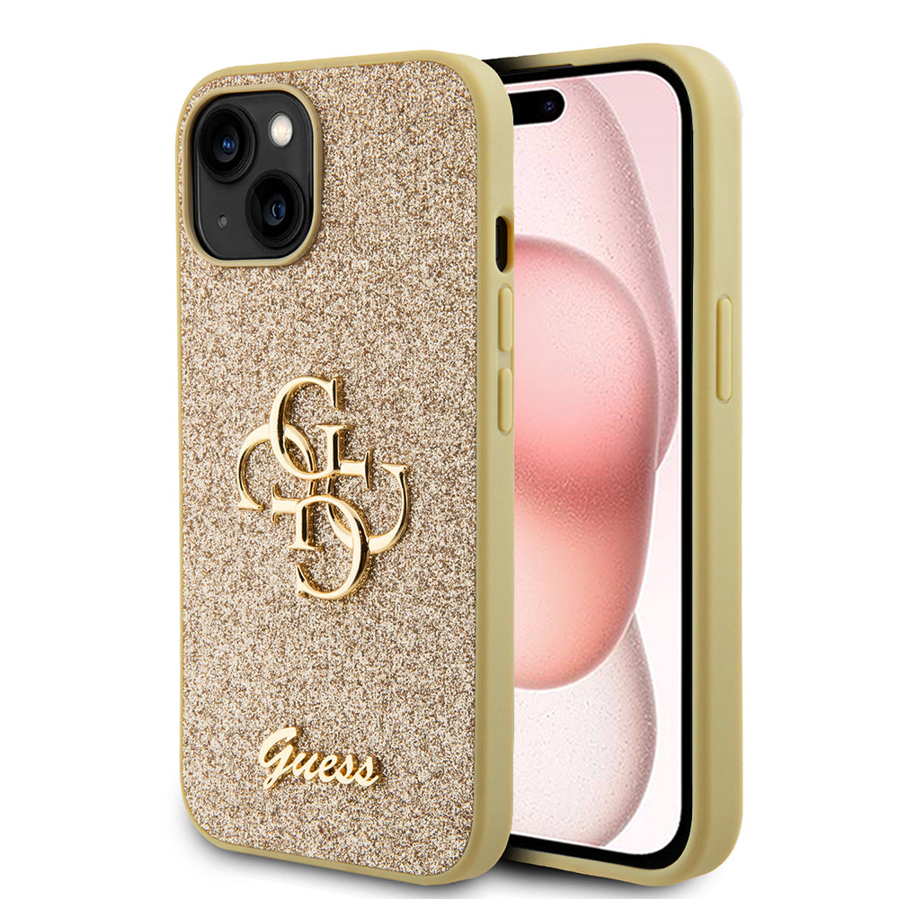 Pouzdro pro Apple iPhone 15, Guess, Glitter Big 4G Script, Zlaté