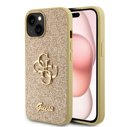 Pouzdro pro Apple iPhone 15, Guess, Glitter Big 4G Script, Zlaté