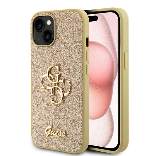 Pouzdro pro Apple iPhone 15, Guess, Glitter Big 4G Script, Zlaté