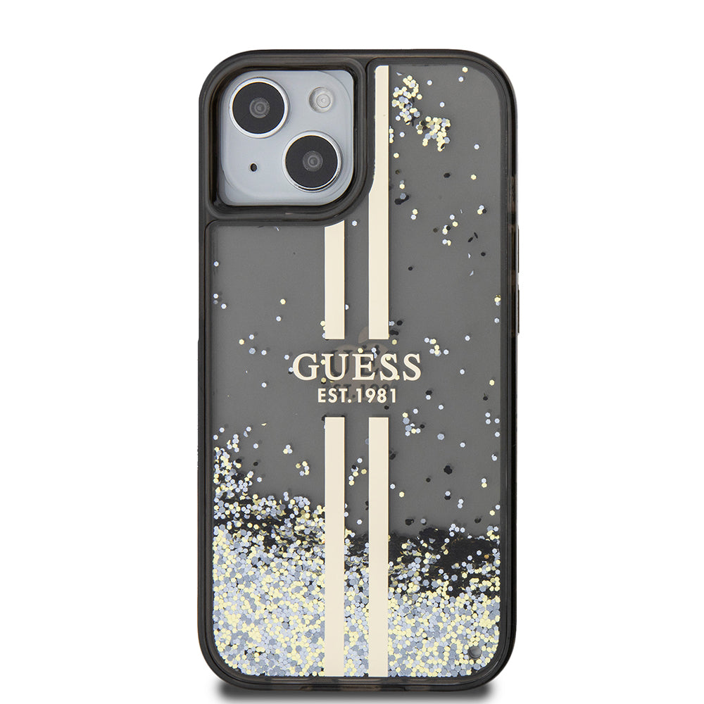 Pouzdro pro Apple iPhone 15, Guess, Liquid Glitter Gold Stripes, Černá