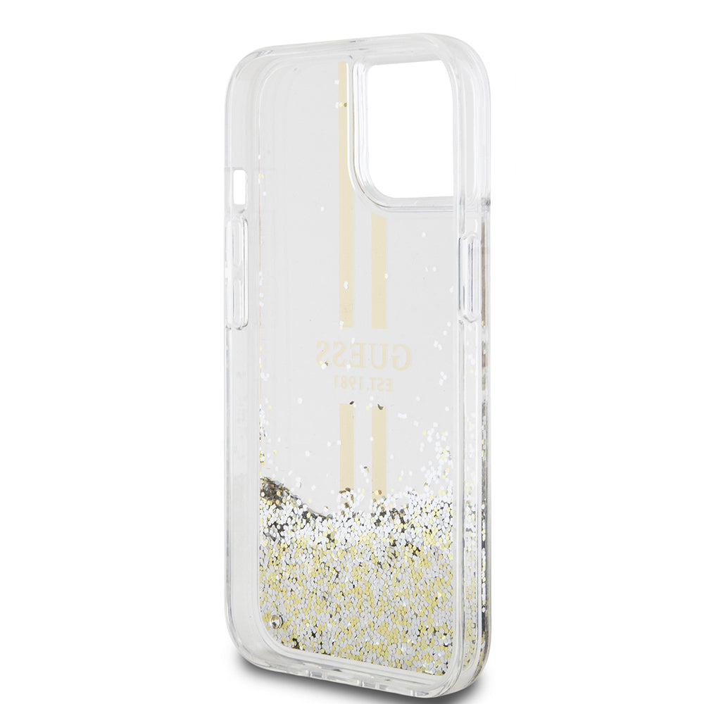 Case for Apple iPhone 15, Guess, Liquid Glitter Gold Stripes, Transparent