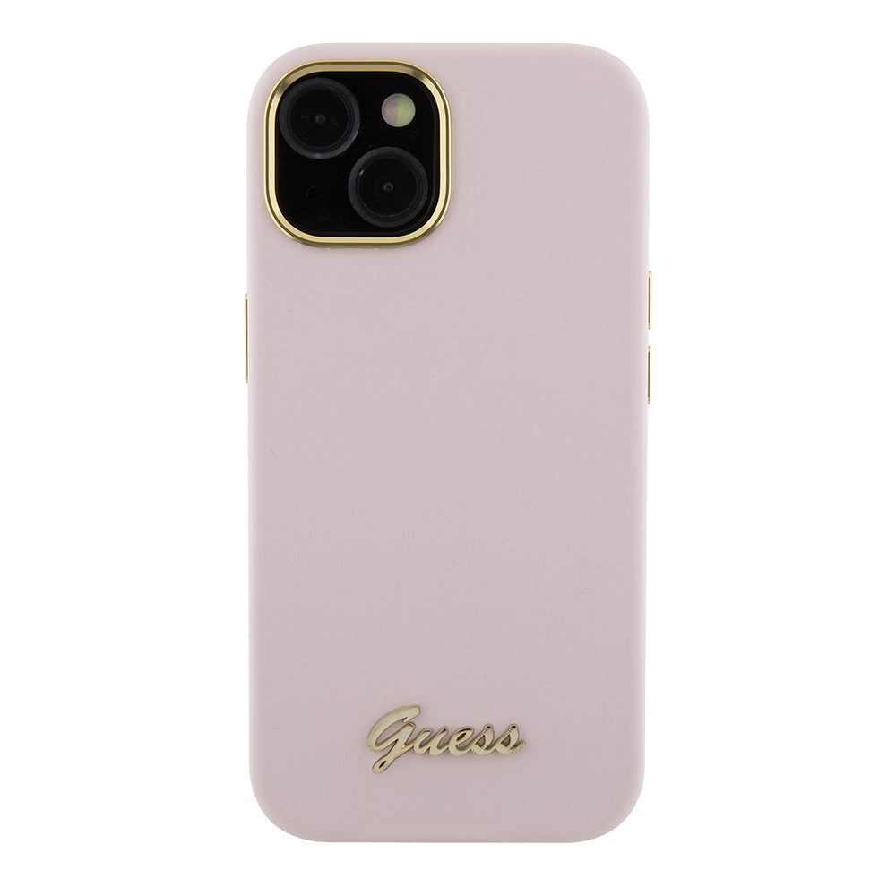 Pouzdro pro Apple iPhone 15, Guess, Script Metal Logo & Frame, Světle růžová