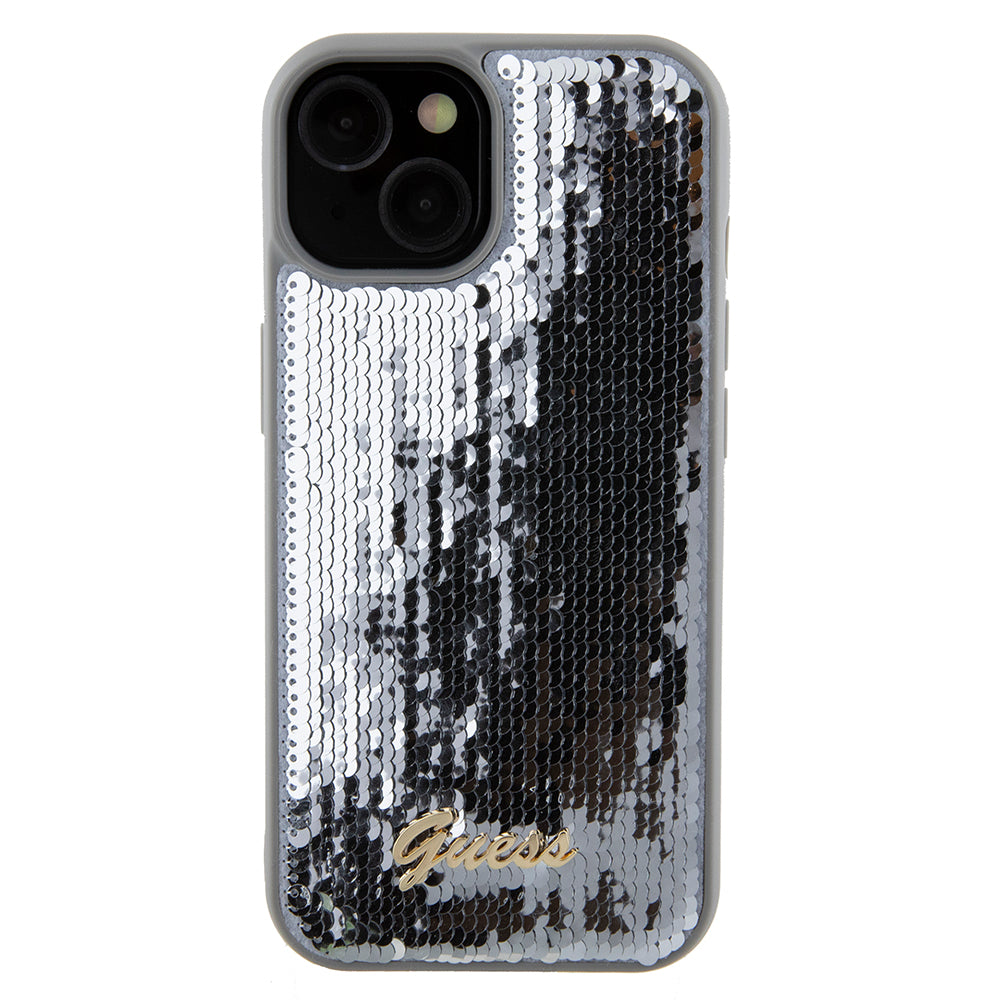 Pouzdro pro Apple iPhone 15, Guess, Sequin Script Metal, Stříbrné