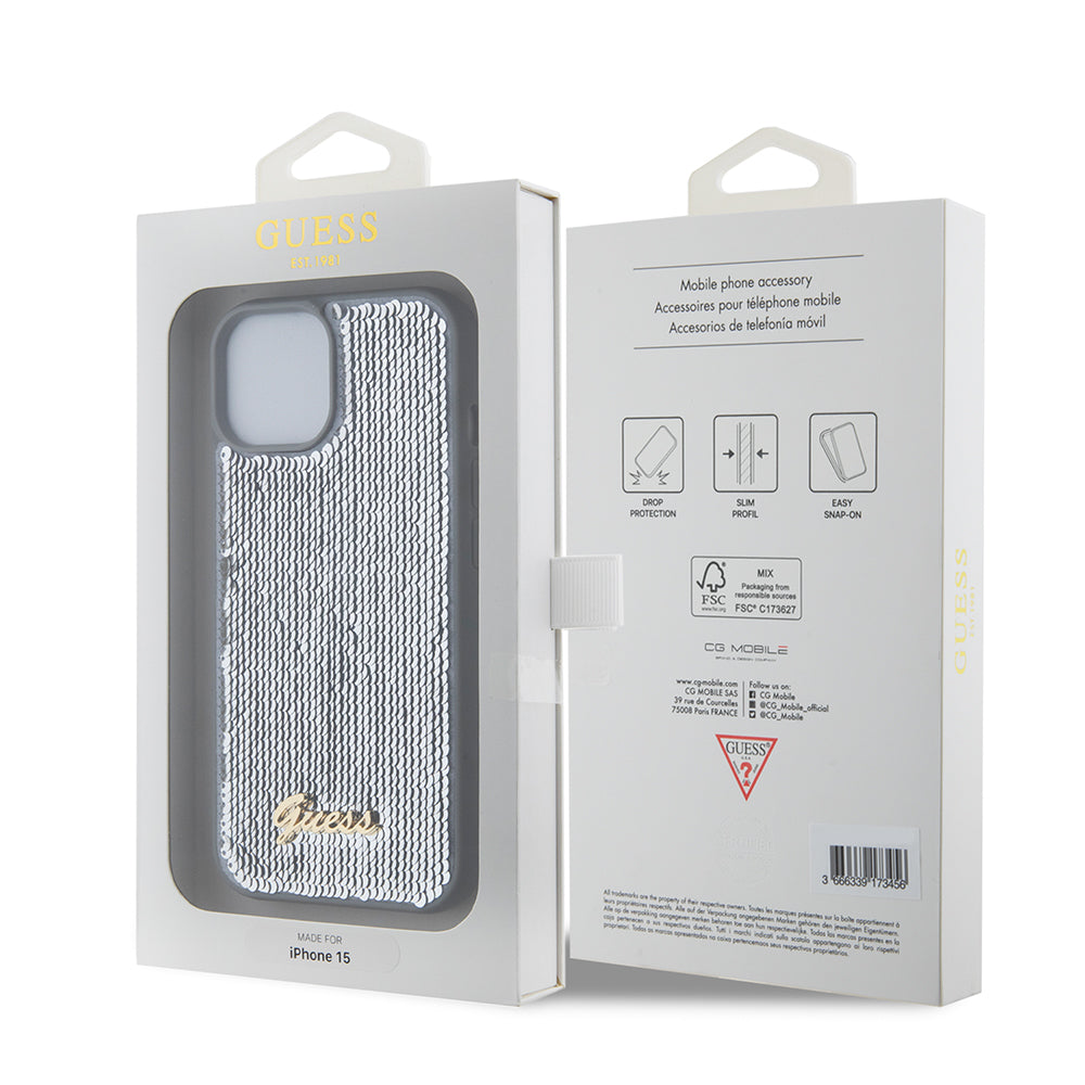 Pouzdro pro Apple iPhone 15, Guess, Sequin Script Metal, Stříbrné