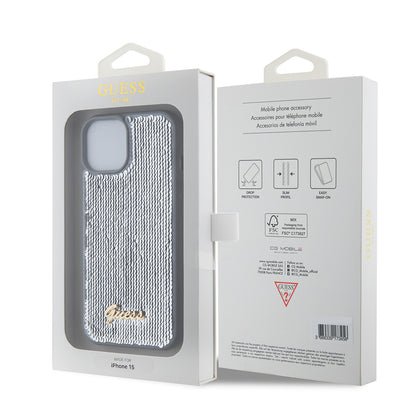 Pouzdro pro Apple iPhone 15, Guess, Sequin Script Metal, Stříbrné