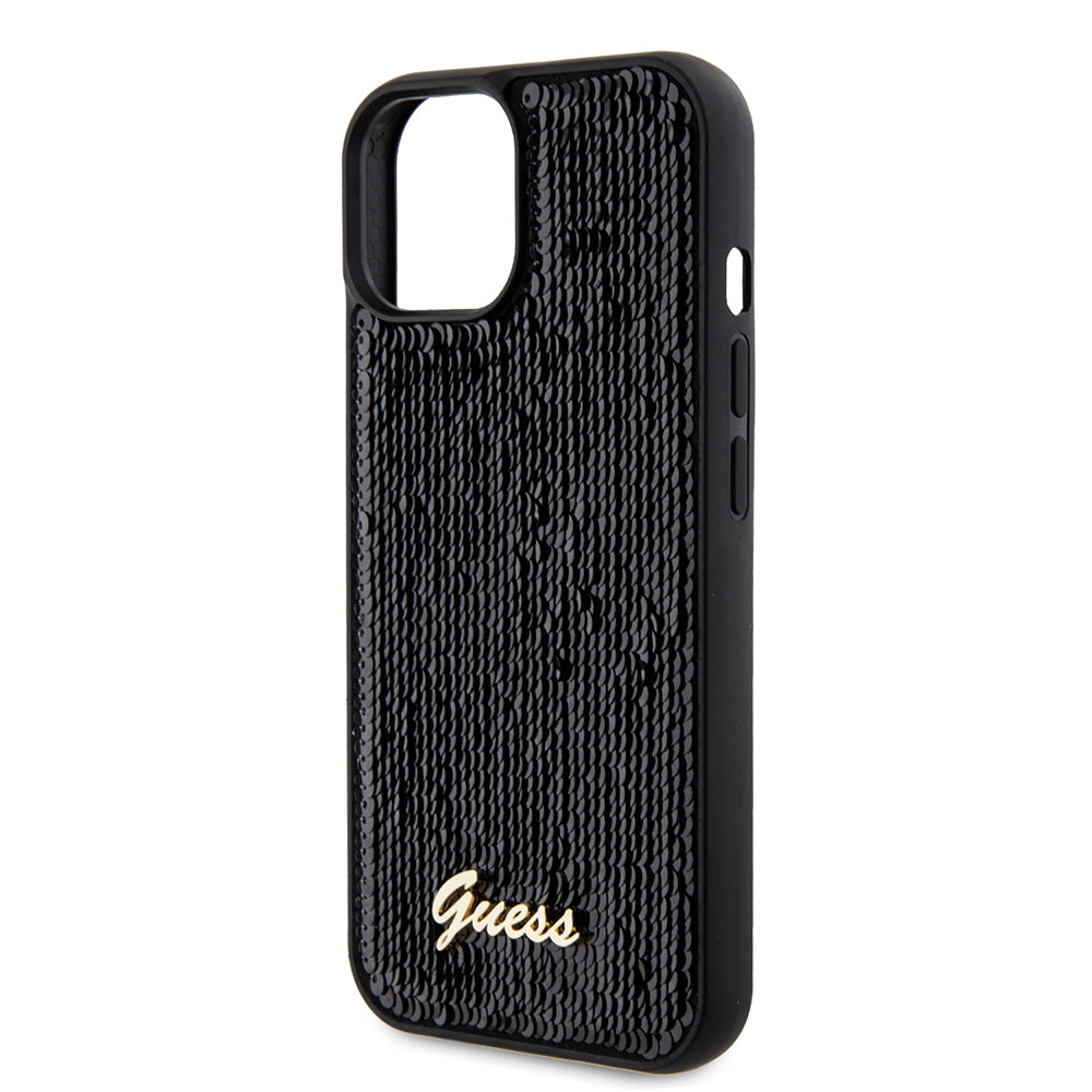 Pouzdro pro Apple iPhone 15, Guess, Sequin Script Metal, Černá