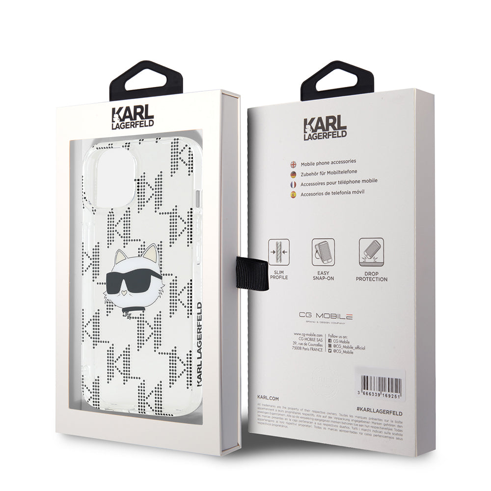 Pouzdro pro Apple iPhone 15, Karl Lagerfeld, IML Electroplated Choupette Head, Průhledné