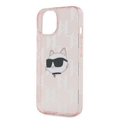 Pouzdro pro Apple iPhone 15, Karl Lagerfeld, IML Luxury Monogram Choupette's Head, Růžové
