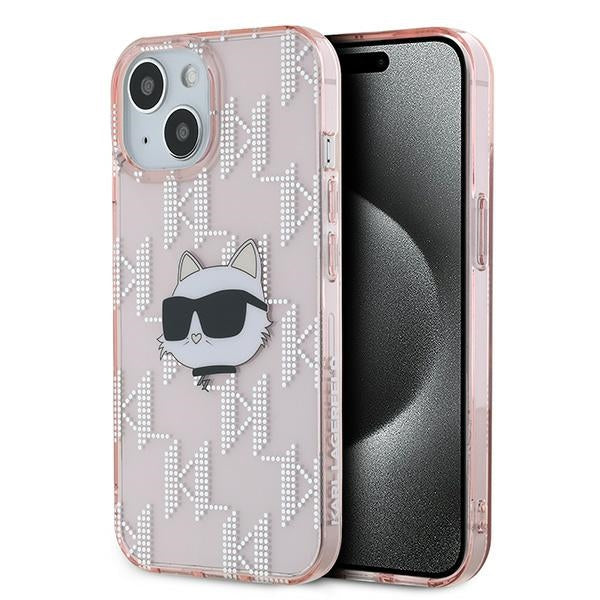 Pouzdro pro Apple iPhone 15, Karl Lagerfeld, IML Luxury Monogram Choupette's Head, Růžové