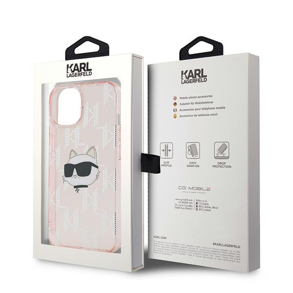 Pouzdro pro Apple iPhone 15, Karl Lagerfeld, IML Luxury Monogram Choupette's Head, Růžové