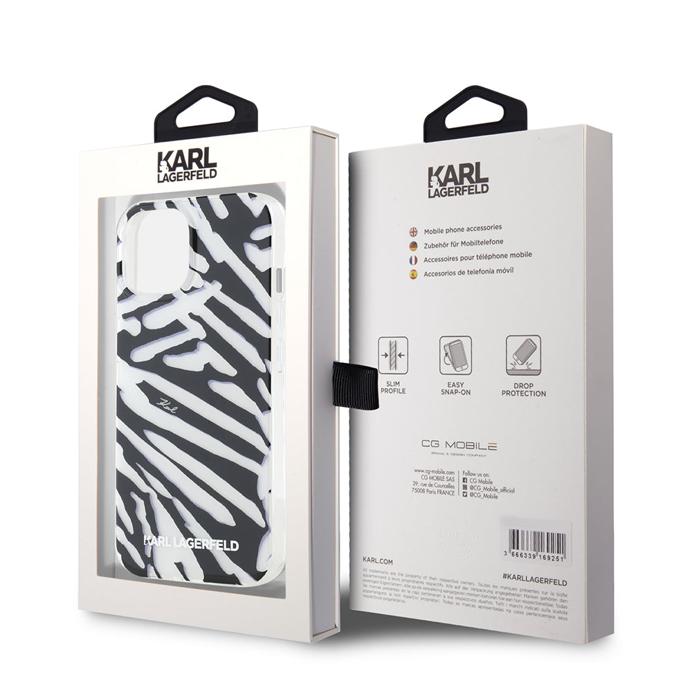 Pouzdro pro Apple iPhone 15, Karl Lagerfeld, IML Luxury Zebra Pattern with Strap, Černá