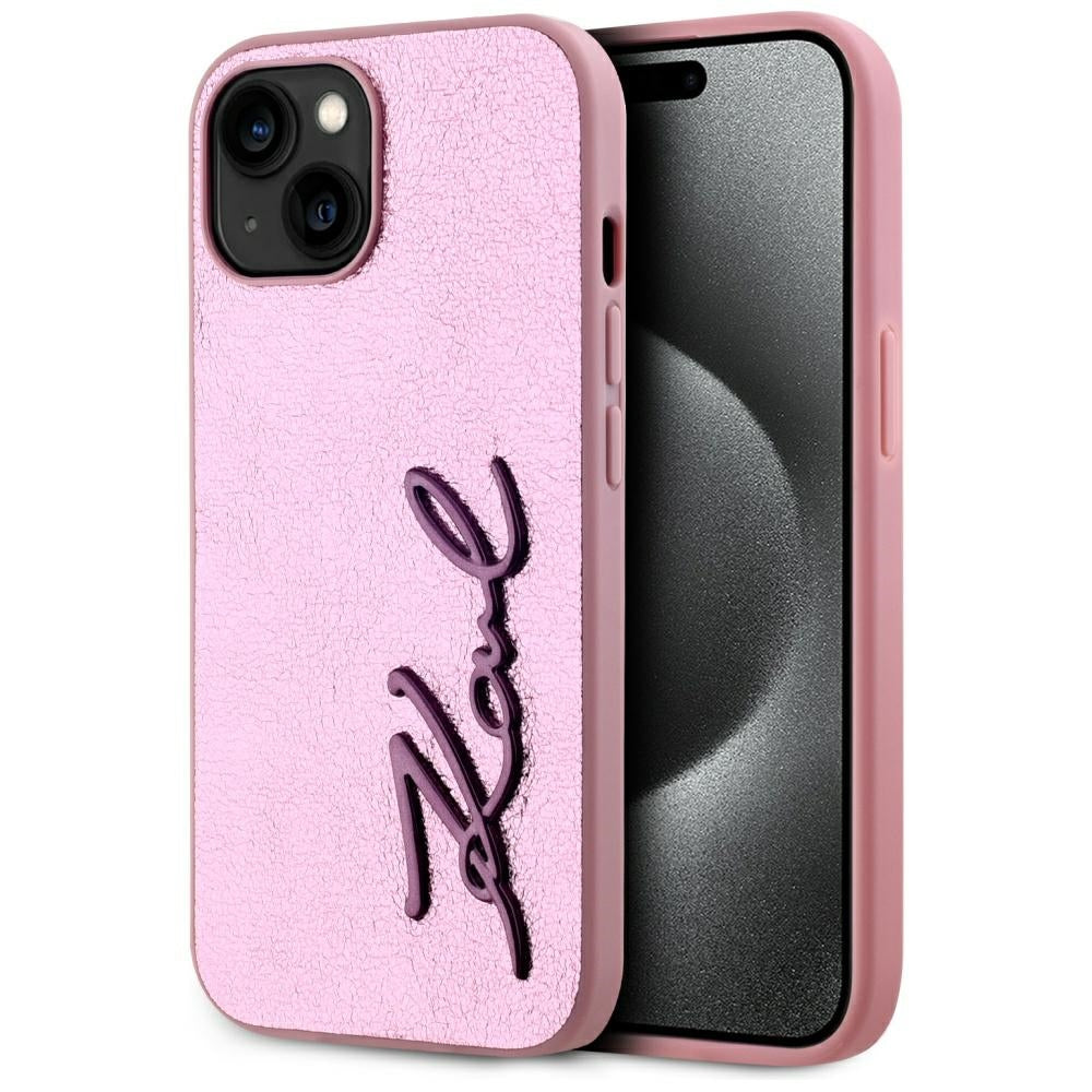 Pouzdro pro Apple iPhone 15, Karl Lagerfeld, Metal Signature, Růžové