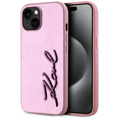 Pouzdro pro Apple iPhone 15, Karl Lagerfeld, Metal Signature, Růžové