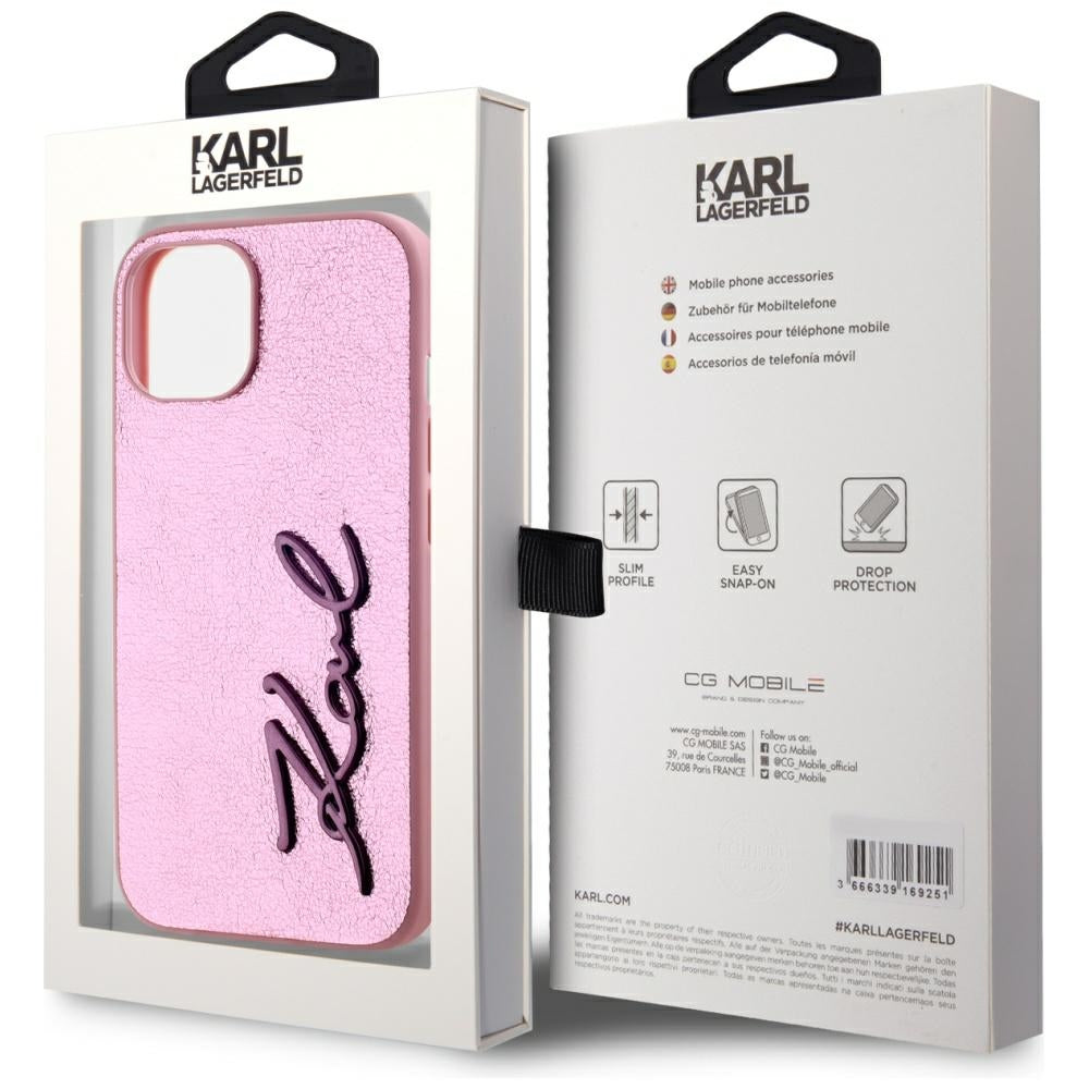 Pouzdro pro Apple iPhone 15, Karl Lagerfeld, Metal Signature, Růžové