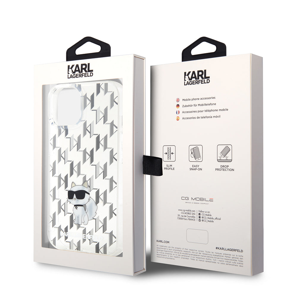 Pouzdro pro Apple iPhone 15, Karl Lagerfeld, Monogram Choupette, Průhledné