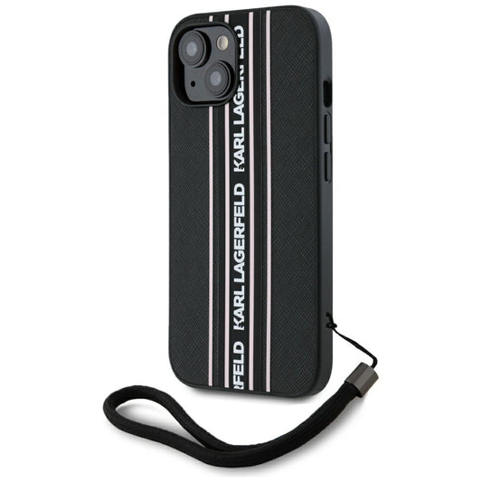 Pouzdro pro Apple iPhone 15, Karl Lagerfeld, Saffiano Athleisure Stripes with Strap, Růžové