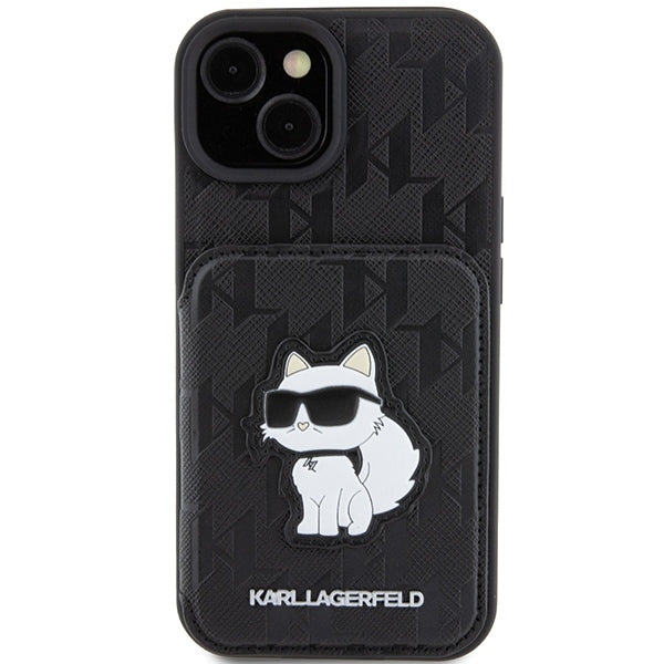 Pouzdro pro Apple iPhone 15, Karl Lagerfeld, Saffiano Cardslots and Stand Monogram Choupette, Černá