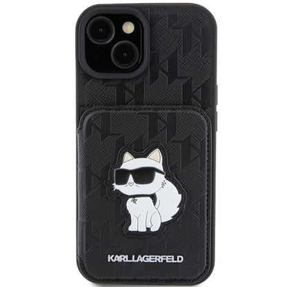 Pouzdro pro Apple iPhone 15, Karl Lagerfeld, Saffiano Cardslots and Stand Monogram Choupette, Černá