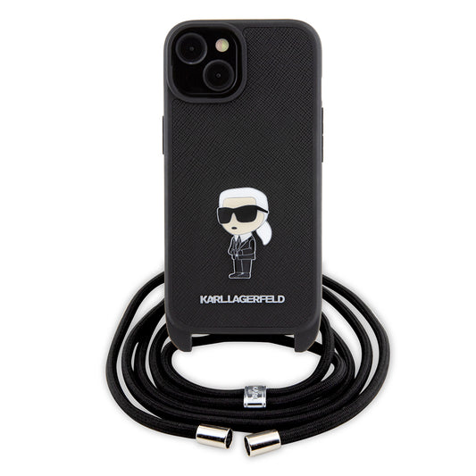 Pouzdro pro Apple iPhone 15, Karl Lagerfeld, Saffiano Crossbody Monogram Metal Pin Karl, Černá