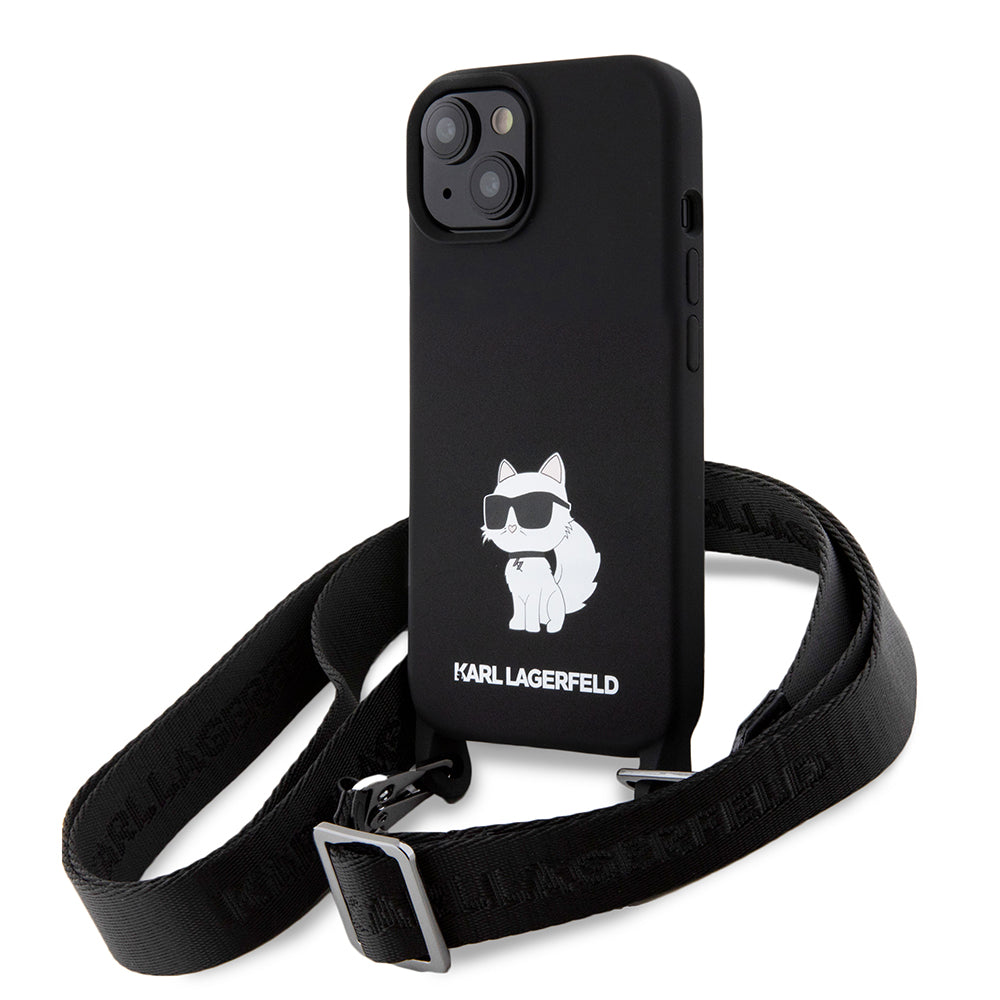 Pouzdro pro Apple iPhone 15, Karl Lagerfeld, Silicone Crossbody Choupette, Černá
